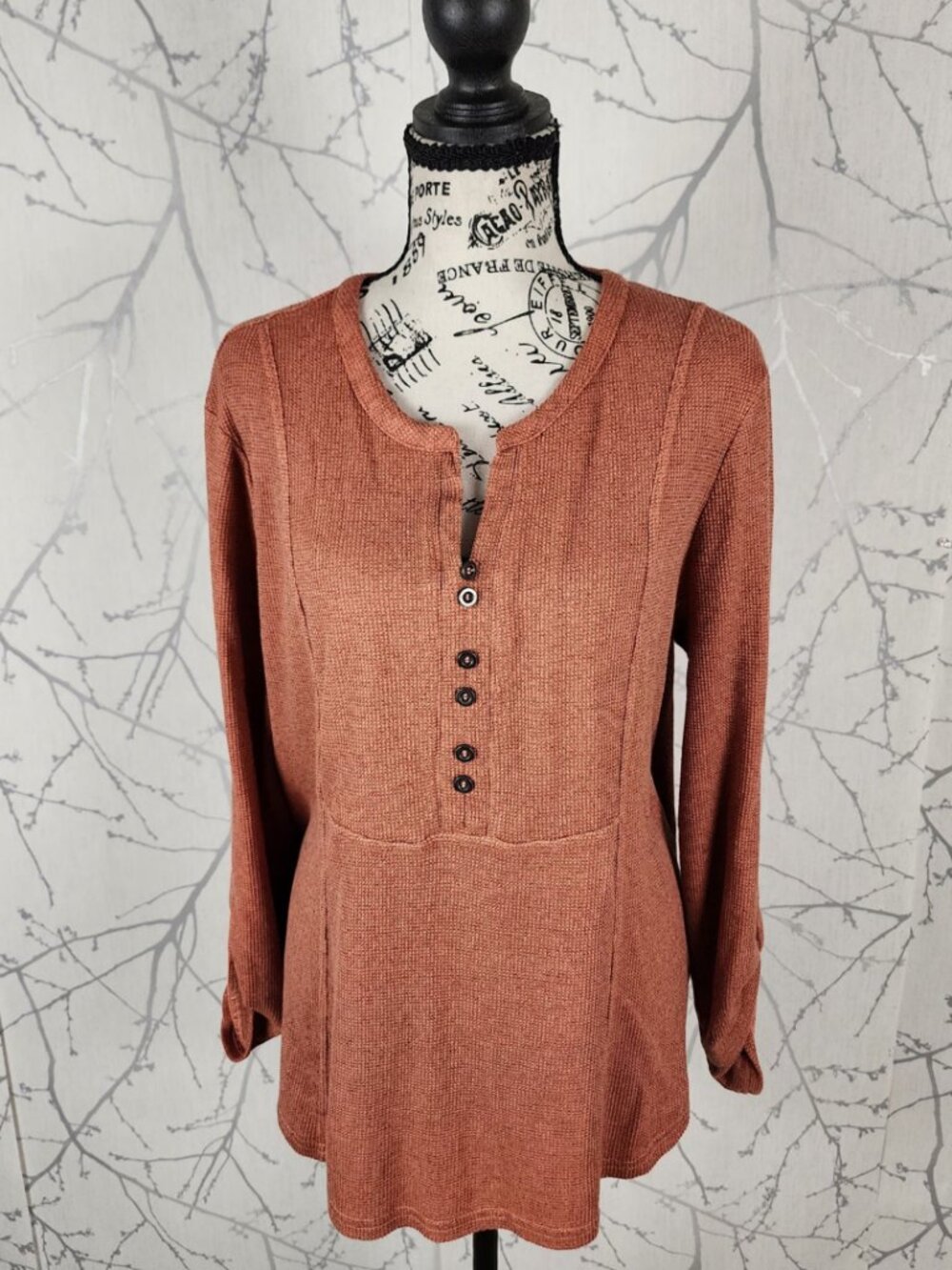 Jane & Delancey Orange Waffle Knit Split Round Neck Thermal Tee